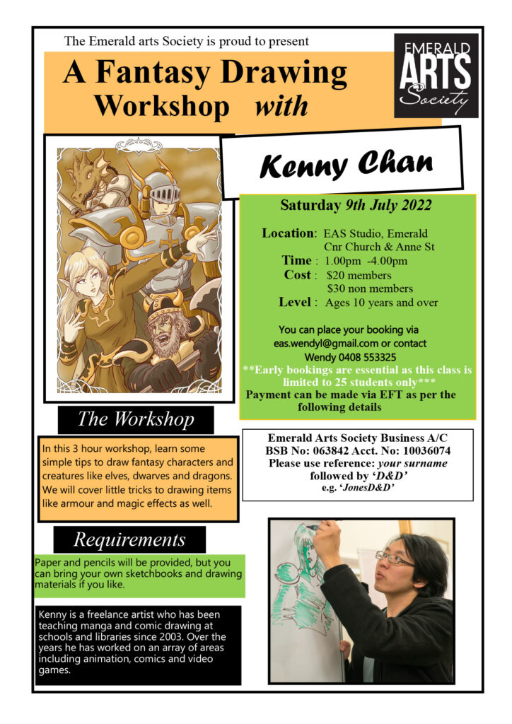 Flyer for Kenny Chan Fantasy Drawing Workshop - 9th July 2022