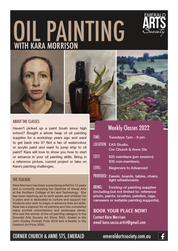 Flyer for Class: Oil Painting with Kara Morrison, weekly on Tuesdays
