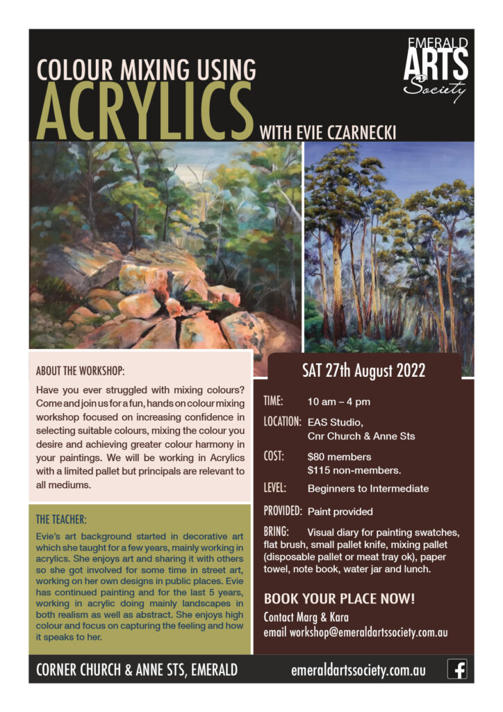 Flyer for workshop - Colour mixing using Acrylics with Evie Czarnecki