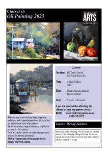 Flyer for Oil Painting Classes at Emerald Arts Society 2023